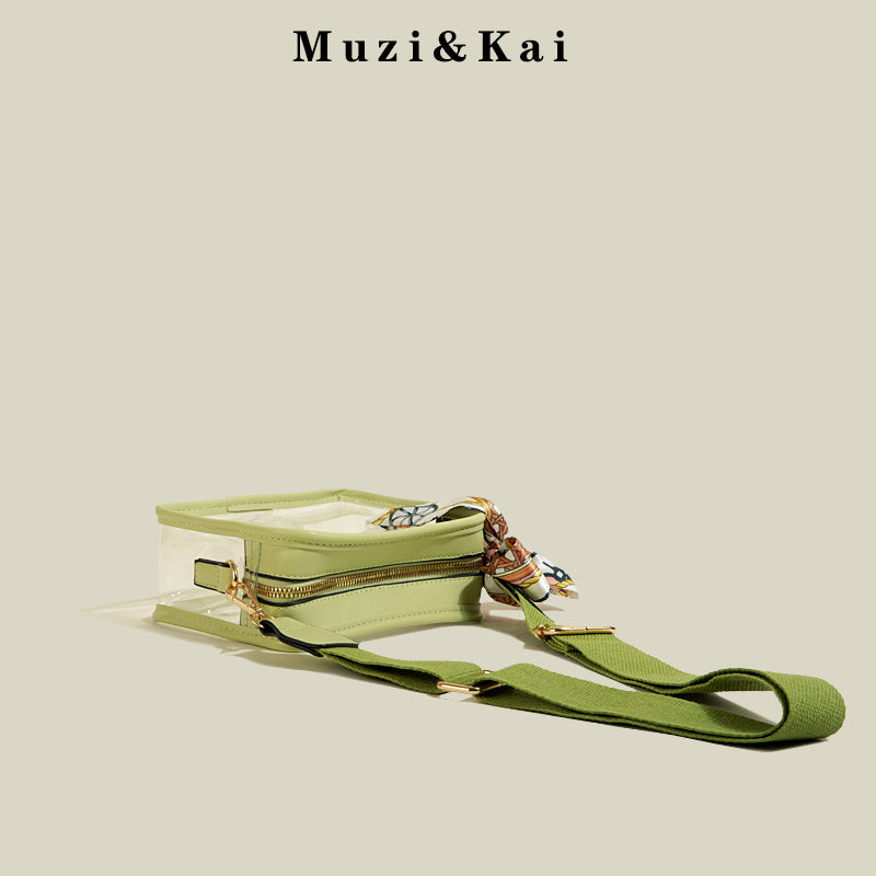 MUZI&KAI - Leather Transparent Messenger Bag with Bow Scarf